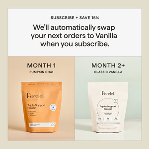 Split image with Pumpkin Chai Triple-Support Protein on one side with "Month 1" written above and Vanilla Triple-Support Protein on the other side with "Month 2+" written above explaining an auto-swap subscription that has 15% off. 