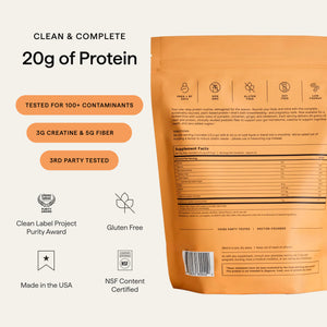 Back of Pumpkin Chai Product showing Supplement Facts Panel. Callouts to the left "Clean & Complete 20g Protein", "Tested for 100+ contaminants", "3g Creatine & 5g Fiber", and "3rd Party Tested"