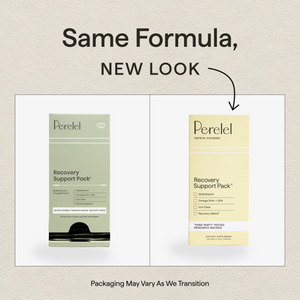 Recovery Support Pack: previous and updated packaging side by side. Same formula, new look; packaging may vary during the transition.