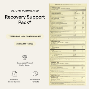 Recovery Support Pack Supplement Facts and testing information; third-party tested for over 100 contaminants.