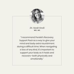 Quote from Dr. Sarah Oreck about Perelel's Recovery Support Pack on a light gray background