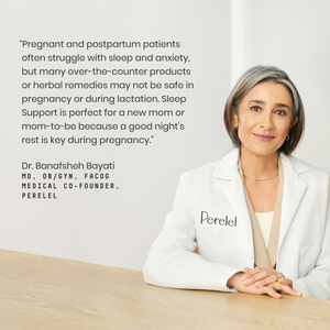 Dr. Bayati in a white lab coat with 'Perelel' logo, text about sleep support for pregnant and postpartum patients.