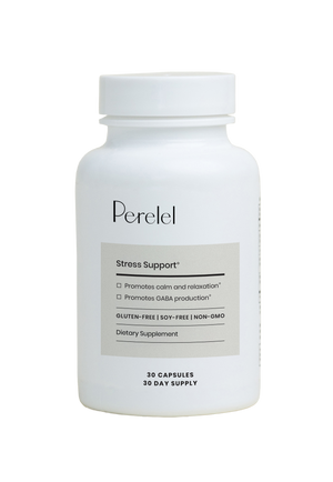White supplement bottle labeled 'Perelel' 