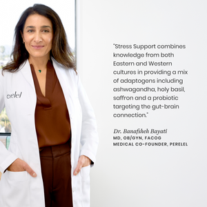 Woman in a white coat with text about stress support and adaptogens.