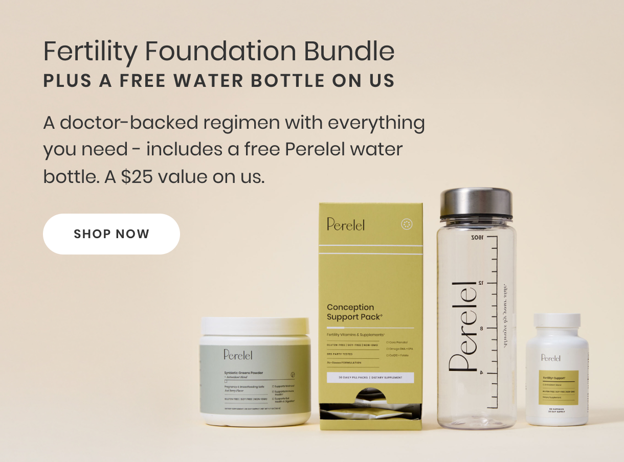 Fertility Foundation Bundle with a free water bottle on a beige background
