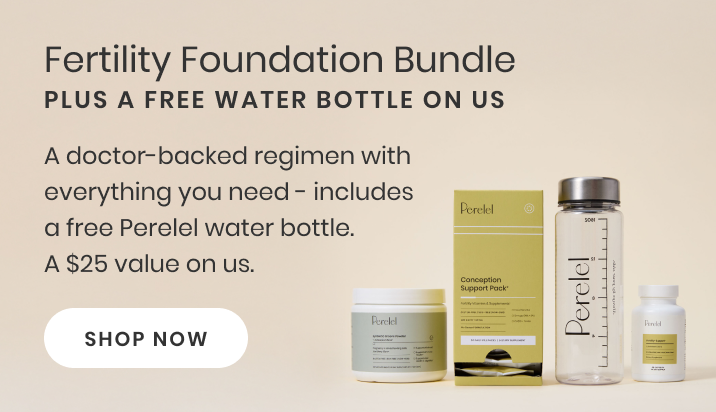 Fertility Foundation Bundle with a free Perelel water bottle on a beige background