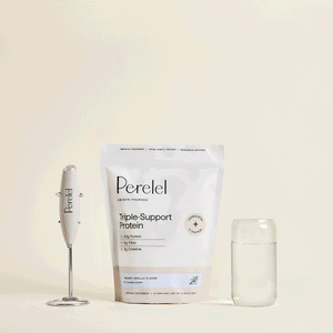 Supplement Facts panel and key trust indicators for Perelel Triple-Support Protein