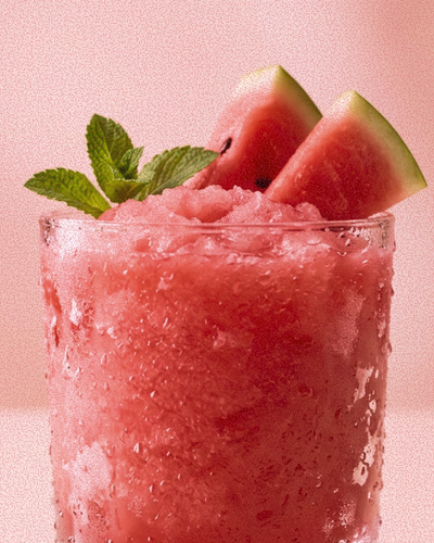 Watermelon_Mint_Slushie with watermelon slices in a cup on pink background