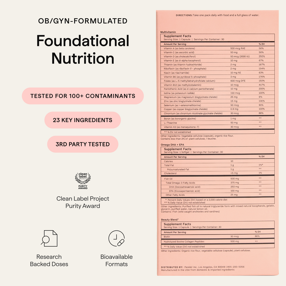 Women’s Daily Vitamin Trio Supplement Facts and testing information; 23 key ingredients, third-party tested for over 100 contaminants.