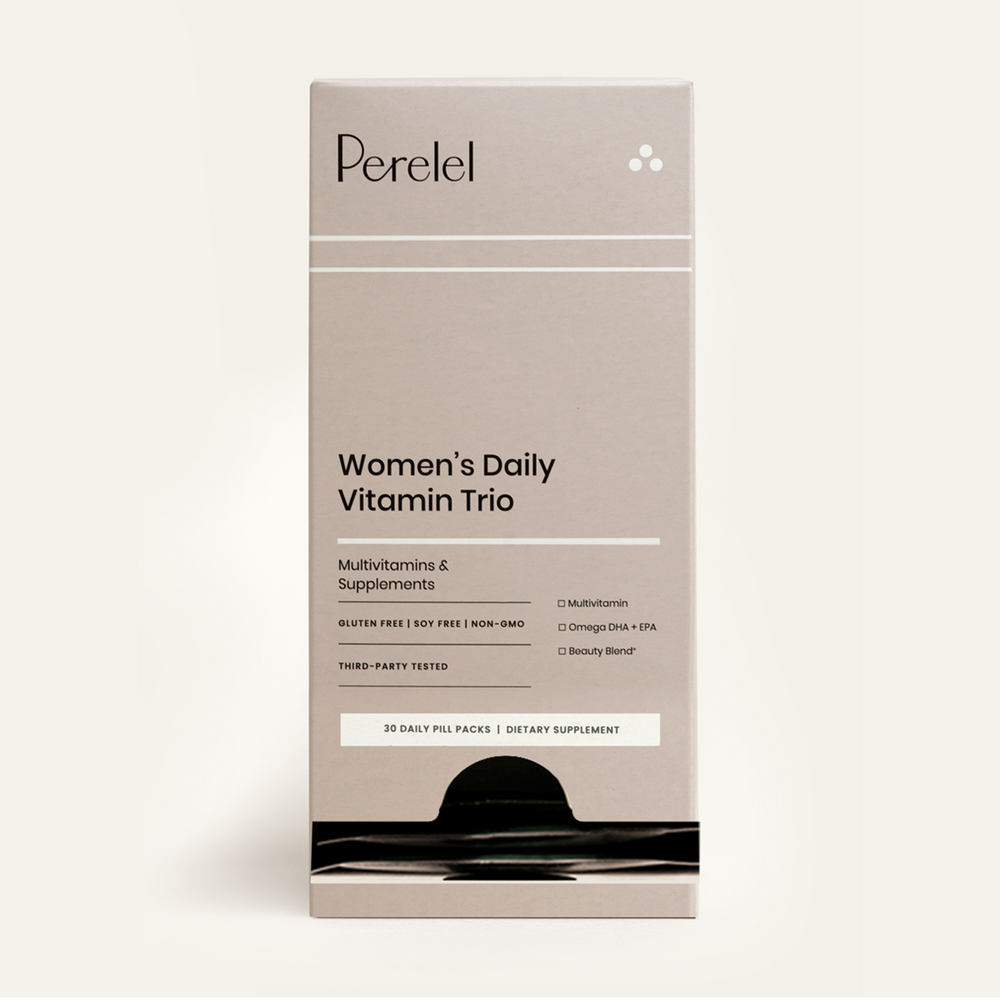 Perelel Women's Daily Vitamin Trio packaging on a light gray background
