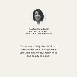  Women's Daily Vitamin Trio with Dr. Banafsheh Bayati's quote on a light gray background