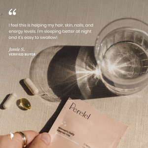 Vitamins, a glass of water, and a perelel package on a textured surface with a quote from a verified buyer.