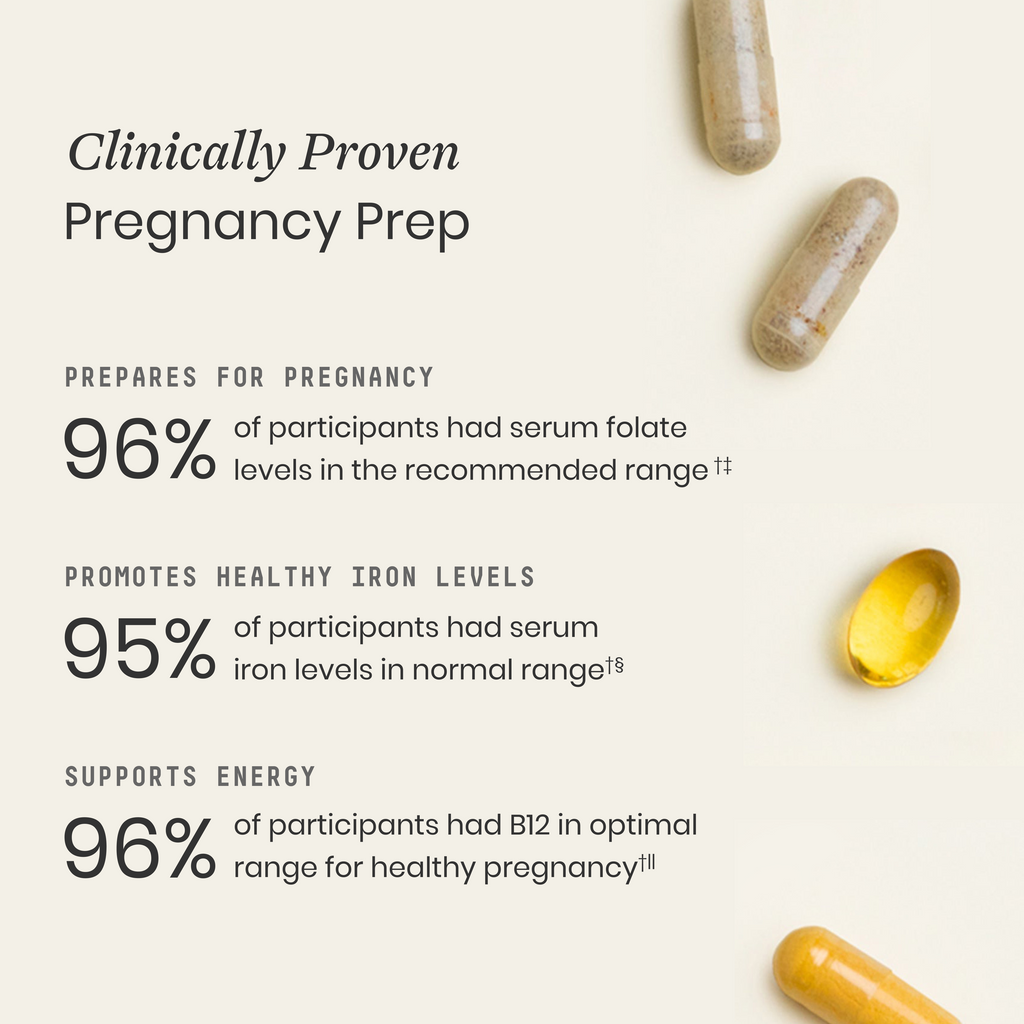 Vitamins on a light background with text about pregnancy preparation.