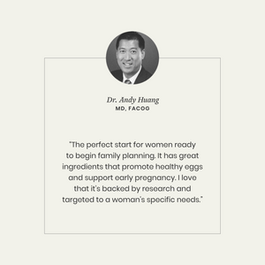 Black and white image with a quote from Dr. Andy Huang, MD, FACOG on a light gray background.