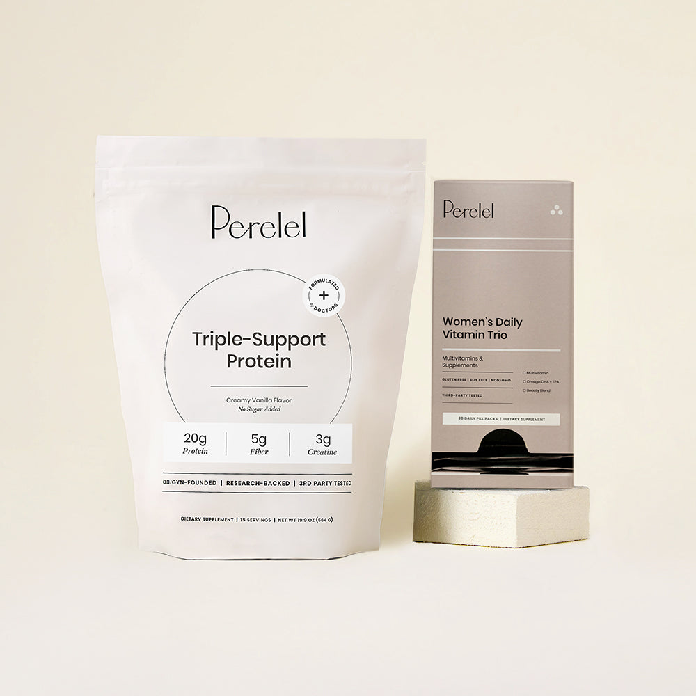 Perelel Triple-Support Protein package and Women's Daily Vitamin Trio on a beige background