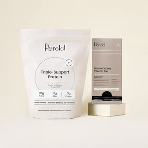 Perelel Triple-Support Protein package and Women's Daily Vitamin Trio on a beige background