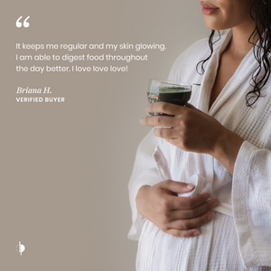 Person holding a glass of water with a quote from a verified buyer on a beige background