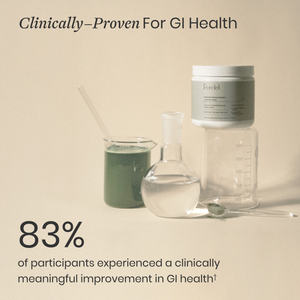 Product with text 'Clinically-Proven For GI Health' and statistics on GI health improvement.