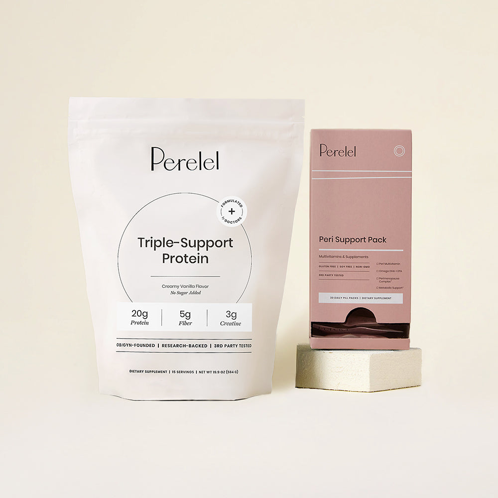 Perelel protein and peri support pack packaging on a beige background