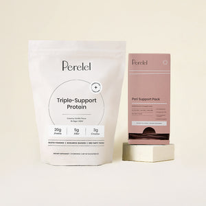 Perelel protein and peri support pack packaging on a beige background