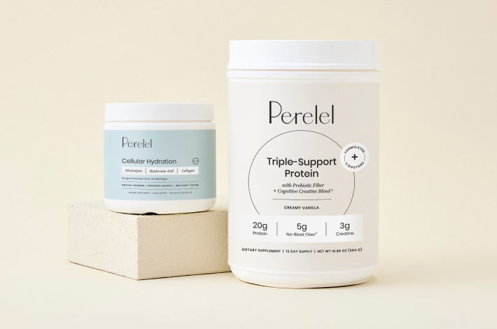 Two containers of Perelel powder on a beige background
