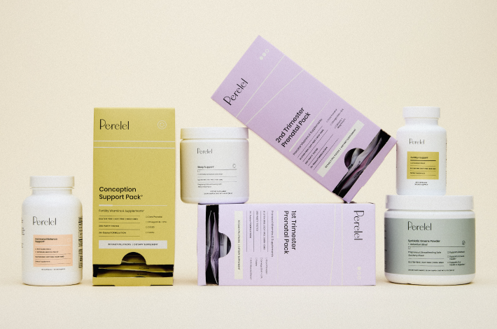 Collection of Perelel products including bottles and boxes on a beige background