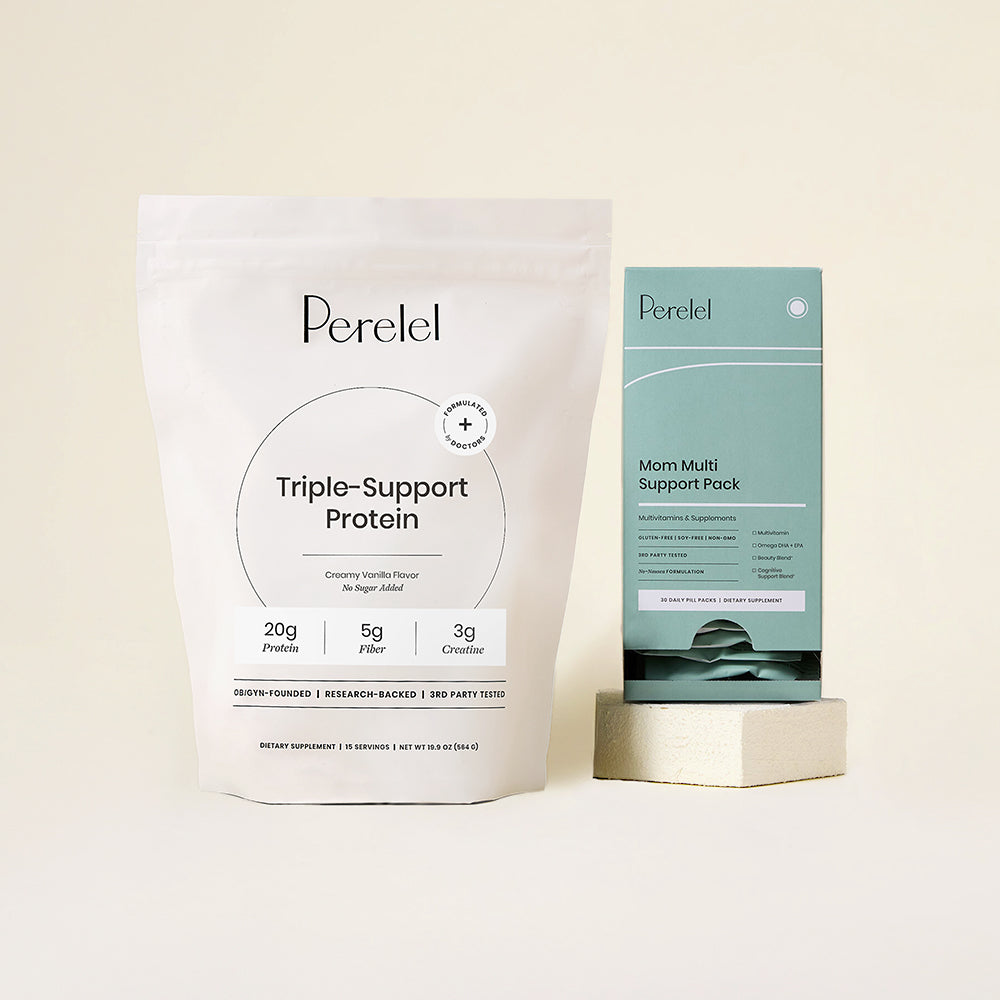 Perelel protein and mom multi packaging on a light beige backgroun d