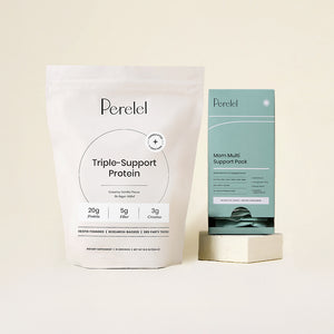 Perelel protein and mom multi packaging on a light beige backgroun d