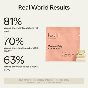 Supplement Facts panel and key trust indicators for Perelel Women's Daily Vitamin Trio 