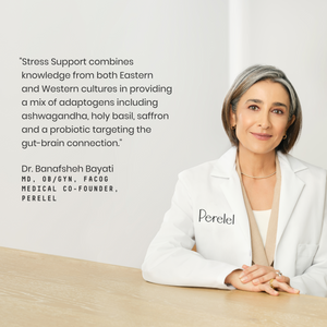 Dr. Bayati in a white lab coat with 'Perelel' logo, sitting at a table with text about stress support.