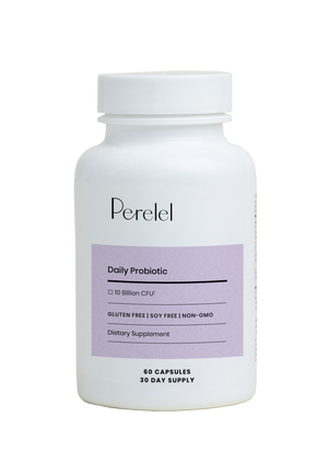 Daily probiotic supplement bottle labeled on a transparent background. 