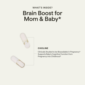 Choline Boost capsules with choline for brain development support; the graphic notes bioavailability during pregnancy.