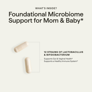 Daily Probiotic ingredient graphic: 12 strains of Lactobacillus and Bifidobacterium for gut, vaginal, and immune support.