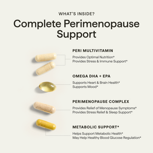 Perimenopause Support Pack contents: peri multivitamin, omega DHA + EPA, perimenopause complex, and metabolic support capsules.